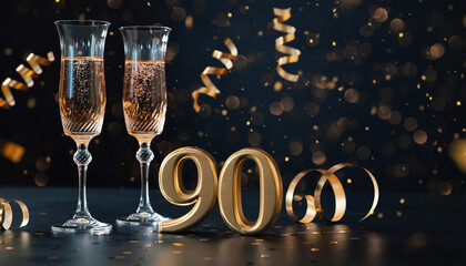 Elegant champagne flutes beside a golden number 90 with sparkling lights, symbolizing a stylish anniversary or milestone birthday celebration.