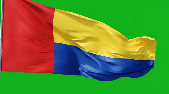 Green screened generic tricolor banner isolated on a keyable background whipping dramatically in a continuous wind current digital art, wind, editing tool