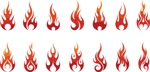 Stylized fire flame icons vector illustration set with red orange burning shapes isolated on white background