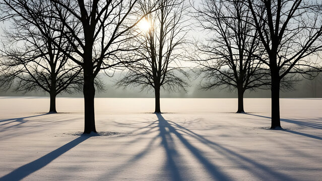 Serene winter landscape featuring five bare, silhouetted trees casting long, dramatic shadows across a vast, snow-covered field under a bright, clear sky, capturing quiet morning light - Powered by Adobe