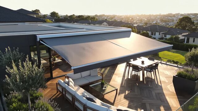 High aerial drone shot moving slowly over a luxurious suburban rooftop patio featuring a fully extended gray modern retractable awning providing shade destination, drone, structure