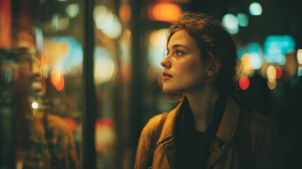 Obraz premium A thoughtful woman gazing outside, contemplating her life, standing near window at night