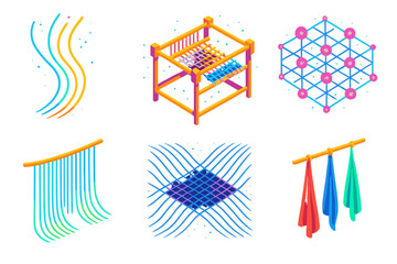 Quantum Weave Artistry. Isometric vector illustration set Quantum Loom Weave: glowing thread filaments, floating loom frame, woven