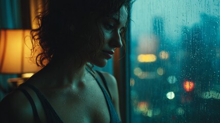 A woman stands at a rain-streaked window, lost in thought. A lamp glows softly, casting a warm light against the cool cityscape outside