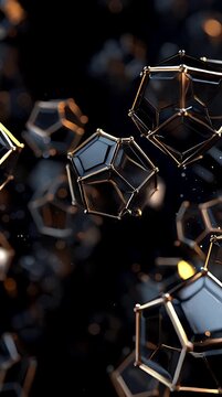 Abstract futuristic animation of interconnected geometric pentagonal structures floating in a dark space with glowing bokeh lights and metallic reflections