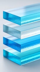 Abstract stack of translucent blue glass or acrylic blocks. Perfect for technology blogs, architectural design sites, or business articles on transparency, structure, and cooling systems.