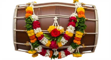 Traditional Indian Percussion Drum Decorated with Colorful Flower Garlands Isolated on White Background