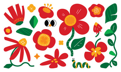 Colorful flowers and green leaves in a hand-drawn style. Garden doodle for growing, displaying, and enjoying plants like flowers, leaves, worm and natural elements with design.
