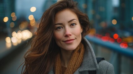 A Portrait of a Woman with a subtle smile in a city setting, with bokeh lights