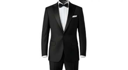 Classic Black Tuxedo Product Shot with Bow Tie and White Shirt Isolated on White Background