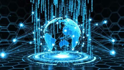 Blue globe with digital connections and binary code rain on a hexagonal pattern background design - Powered by Adobe