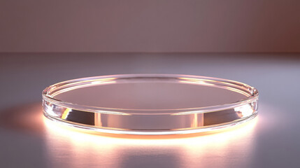 Minimalist glass pedestal with glowing amber neon ring on a dark reflective surface. Perfect for tech blogs, luxury product landing pages, and beauty or jewelry marketing sites.