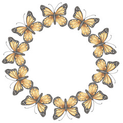 Watercolor butterfly wreath illustration, insect circle frame clipart, wild life print