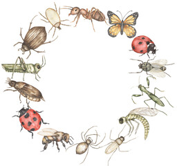 Watercolor insects and bugs wreath illustration, animals circle frame clipart, wild life print