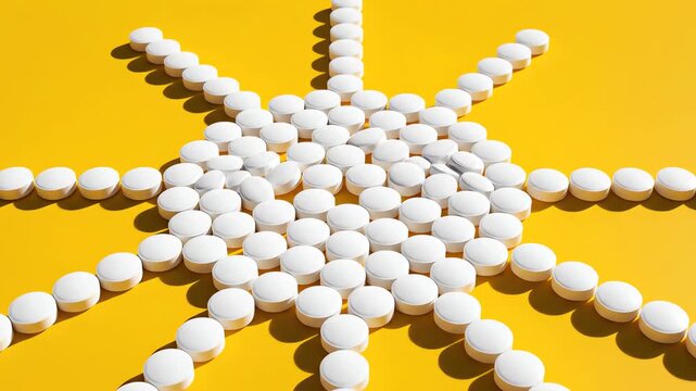 High aerial overhead view of the carefully constructed sun shape formation created entirely from pharmaceutical white vitamin D supplements on a solid bright yellow plane symbolizing wellness dietary