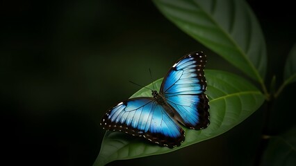 Iridescent Blue Morpho Butterfly Resting on a Dark Green Leaf