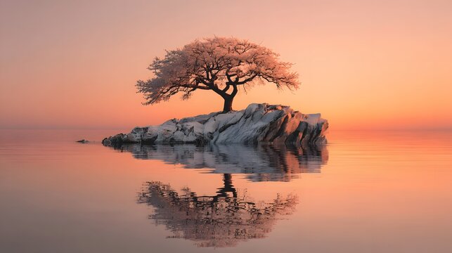 Serene Island Tree Reflection at Sunset - A Tranquil Nature Scene. - Powered by Adobe