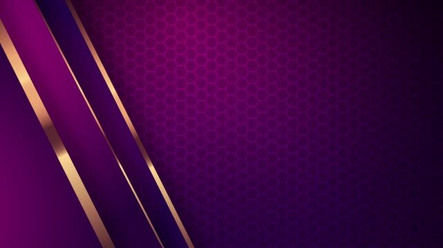 Luxury purple abstract hexagon background with gold diagonal stripes, modern geometric animation ideal for corporate promos, tech presentations, branding intros, and premium digital visuals.
