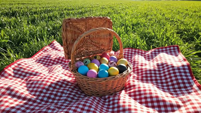 High aerial perspective drone shot slowly descending towards a small picnic blanket and woven basket arrangement filled with colorful eggs set against a massive expanse of vibrant green farmland peace