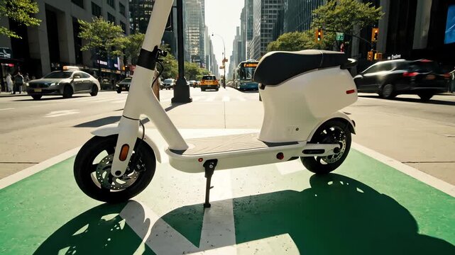 High aerial perspective above a bright city street showing a single docked electric scooter standing ready for immediate pickup and use in the dedicated rental zone service, station, city grid
