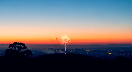 Obraz premium Fireworks over city skyline during sunset in twilight 