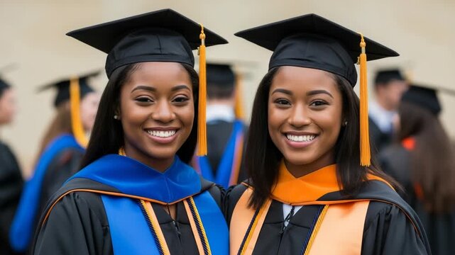 Two smiling young women in graduation gowns and caps standing together