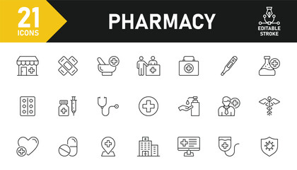 Pharmacy line icon set. Set of 21 outline icons related to medicine, pharmacy, bandage, treatment, clinic, syringe and others. Editable stroke. Vector illustration.
