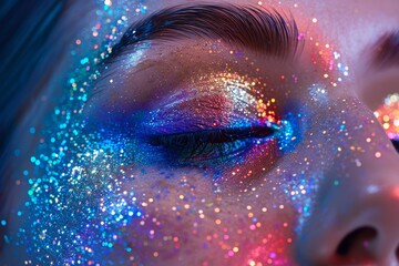 Glittering multicolored makeup adorns a woman's face, creating a vibrant and festive look