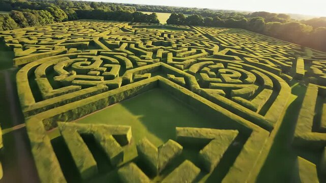 High aerial perspective tracking shot flying slowly over organized geometric green hedge mazes and empty grassy patterns abstract, over, drone
