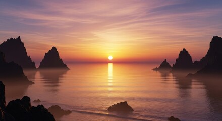 Tranquil twilight seascape reflecting vibrant sunset hues on calm ocean waters