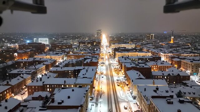 High aerial view drone shot flying over a sleeping city blanketed by soft white snow as blurred street lights glow through the constant gentle winter precipitation slowmovement, exploration, softfocus