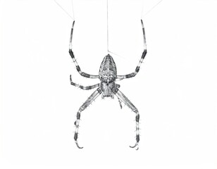 Obraz premium Black and white spider suspended by its web threads on a white background
