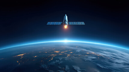 Obraz premium Nextgen satellite in earth orbit captures glowing horizon with city lights and clouds under dark space
