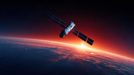 Fototapeta premium Nextgen satellite in earth orbit captures sunrise with glowing horizon and dark space background