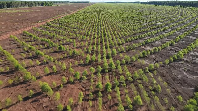 High altitude sweeping drone shot showcasing the massive scale and geometric pattern of newly planted reforestation rows contrasting with surrounding bare earth future, reforestation, environment