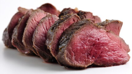 Thin, dark brown slices of roast meat glisten under soft light, showcasing their juicy interior. Each piece reveals a tender, flavorful texture, inviting anticipation for a delicious meal