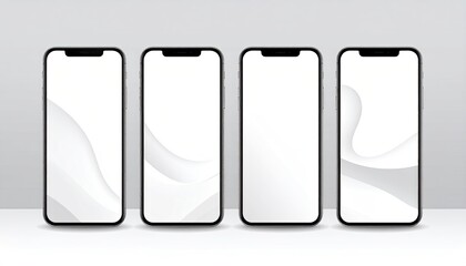Four smartphones with white screens and various subtle grey abstract designs