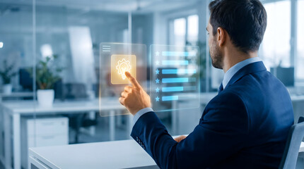 Businessman Interacting with Futuristic Innovation Hologram