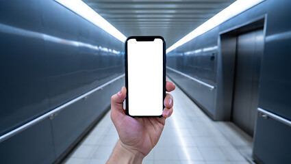 person holding smartphone with blank screen in modern subway station tunnel