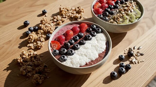 High angle aerial view of a clean wooden table featuring several aesthetic smoothie bowls topped with fresh berries, seeds, and chia pudding smoothie, vibrant color, superfood