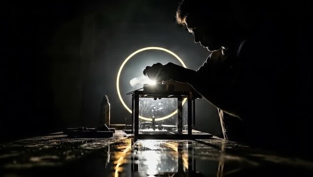 Silhouette of a craftsman creating an artistic display with luminous glow and reflections