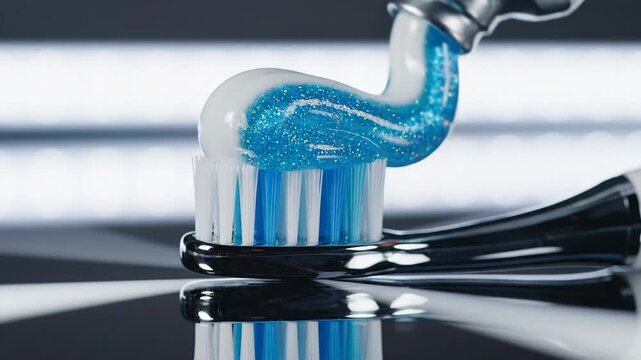 Close-up toothpaste being squeezed onto a toothbrush in a studio
