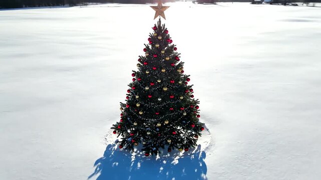 High angle aerial view slowly moving around a perfectly decorated isolated pine tree centerpiece sitting on a vast, untouched blanket of fresh white snow christmas tree, advertising footage