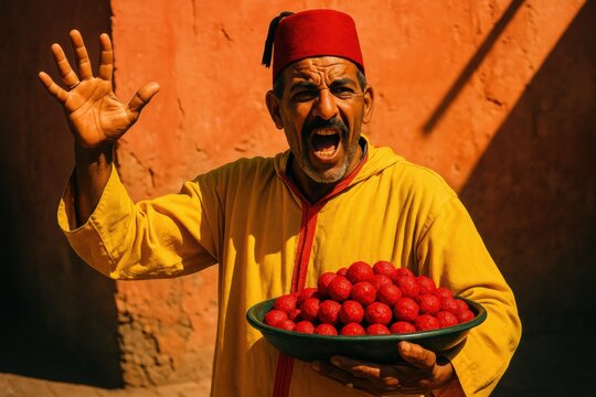 A vendor is holding a bowl of red fruits and shouting to attract attention in a vibrant market scene with textured walls.