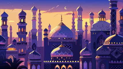 Beautiful mosque architecture with dome and minaret at sunset © Akramul