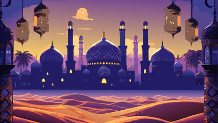 Serene mosque silhouette at sunset in desert landscape © Akramul