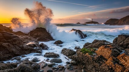 Fototapeta premium Dramatic Ocean Waves Crashing on Rocky Shoreline at Sunset with Distant Lighthouse.
