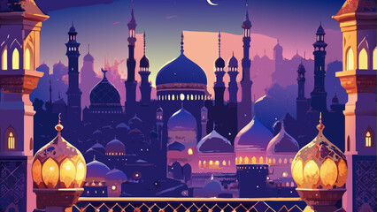 Beautiful islamic cityscape with mosques and minarets at dusk © Akramul