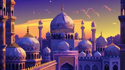 Beautiful mosque architecture at sunset with domes and minarets © Akramul