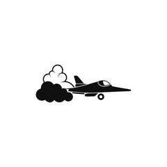 Silhouette of jet plane with smoke behind on transparent background